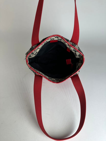 Vintage Gucci Monogram Leather Canvas Handbag Grey Black Red