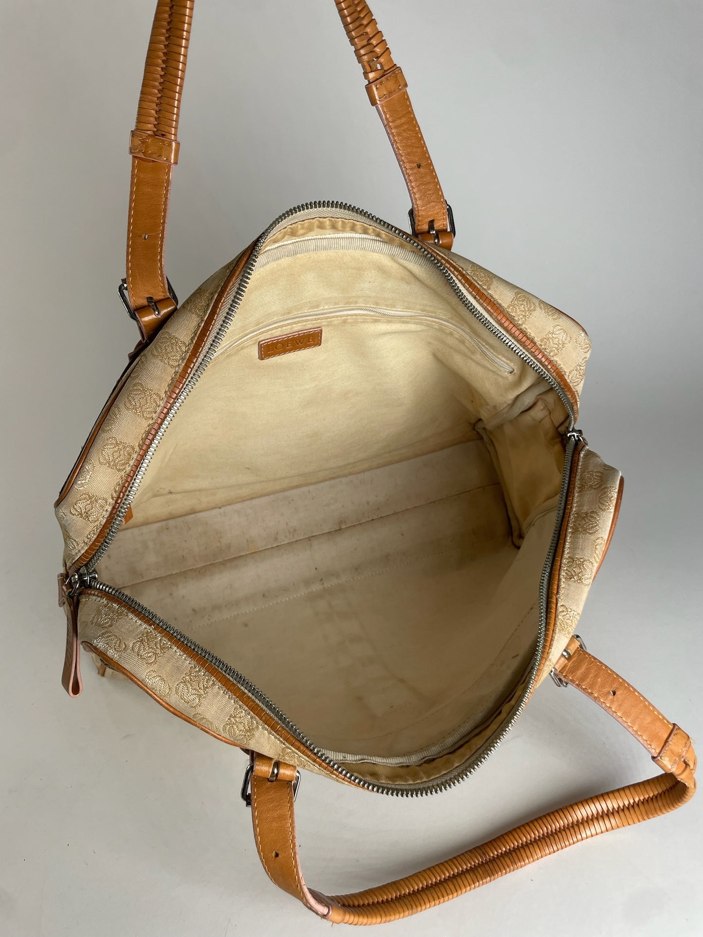 Vintage Loewe Madrid Monogram Weekender Handbag Beige Brown