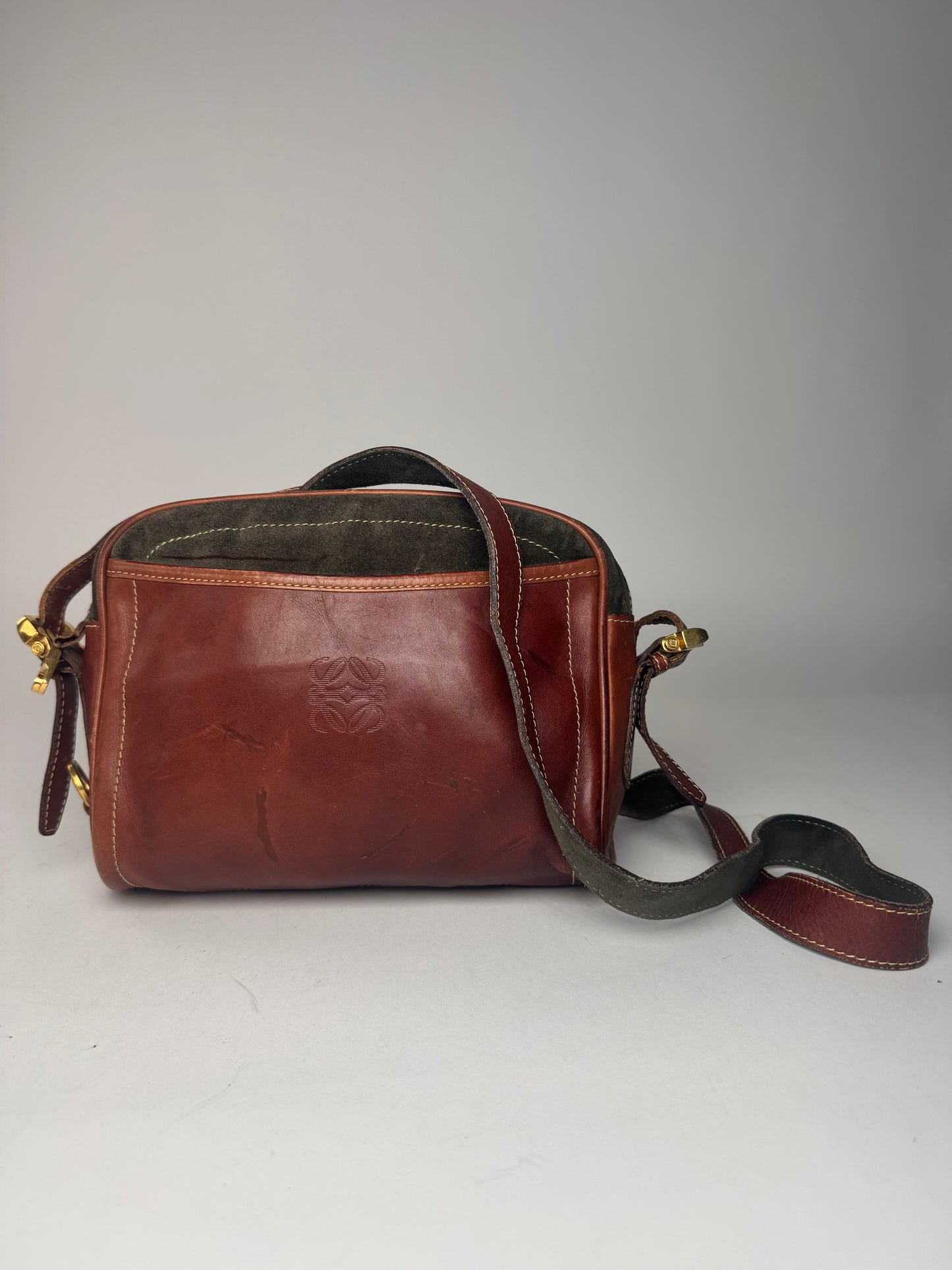 Vintage Loewe Madrid Suede Leather Bag Green Brown