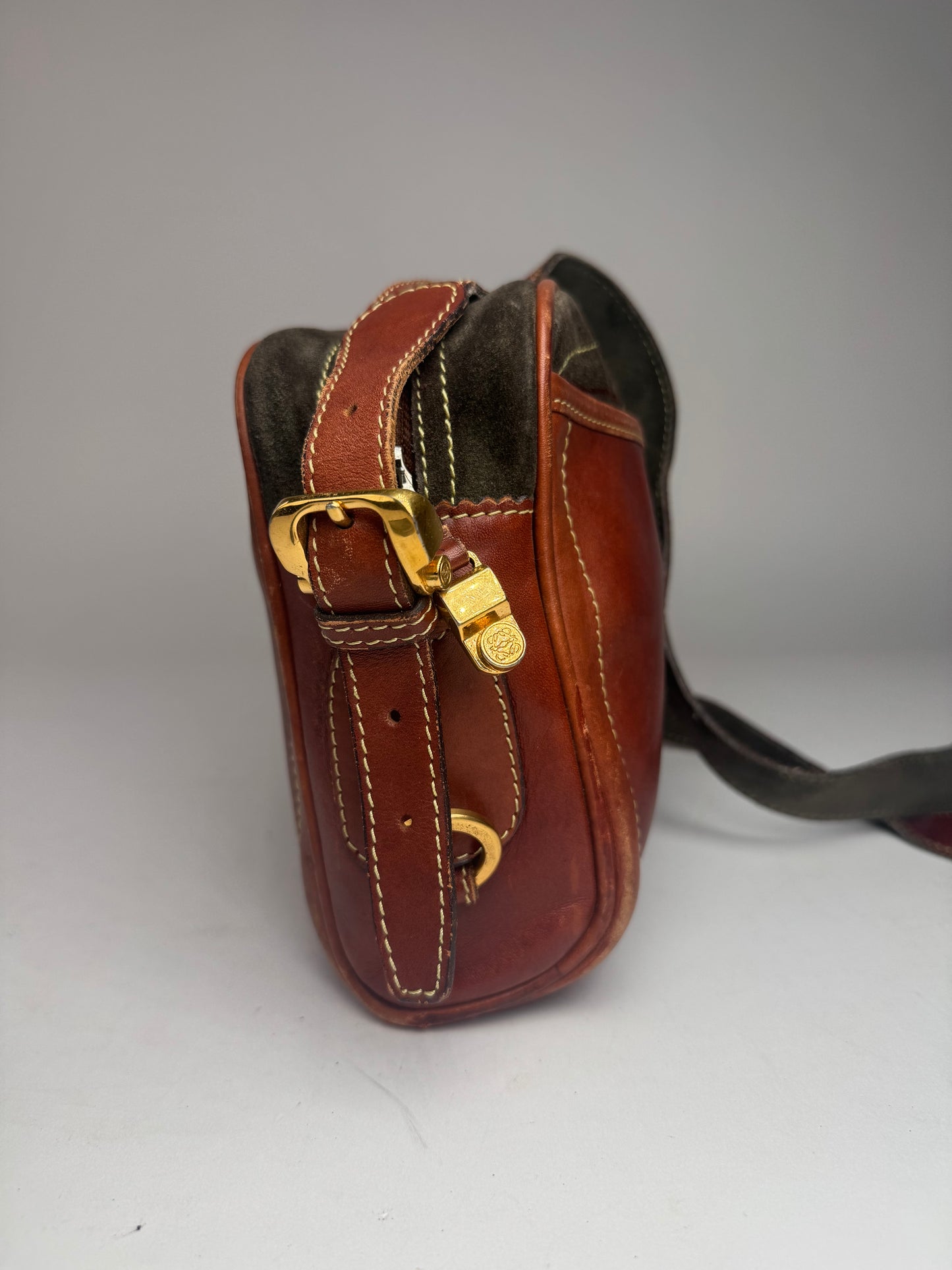 Vintage Loewe Madrid Suede Leather Bag Green Brown