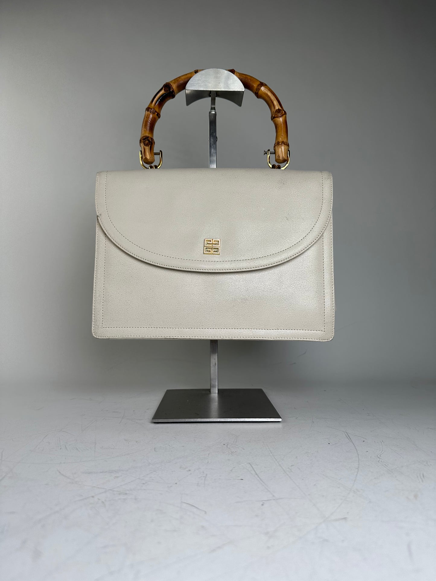 Vintage Givenchy Leather Handbag Cream Gold Clasp c. 1990s