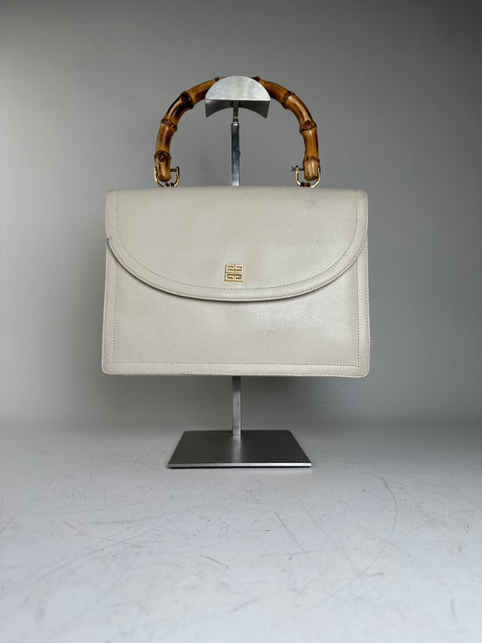 Vintage Givenchy Leather Handbag Cream Gold Clasp c. 1990s