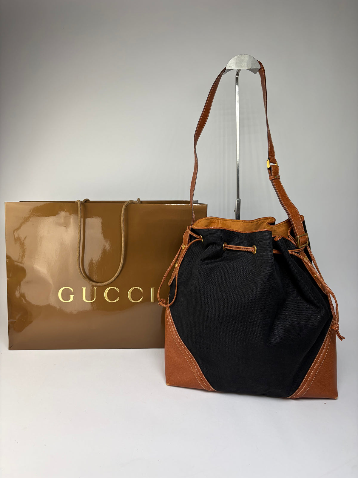 Vintage Gucci Canvas Drawstring Shoulder Bag Late 1990s Black Brown