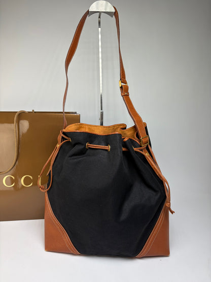 Vintage Gucci Canvas Drawstring Shoulder Bag Late 1990s Black Brown