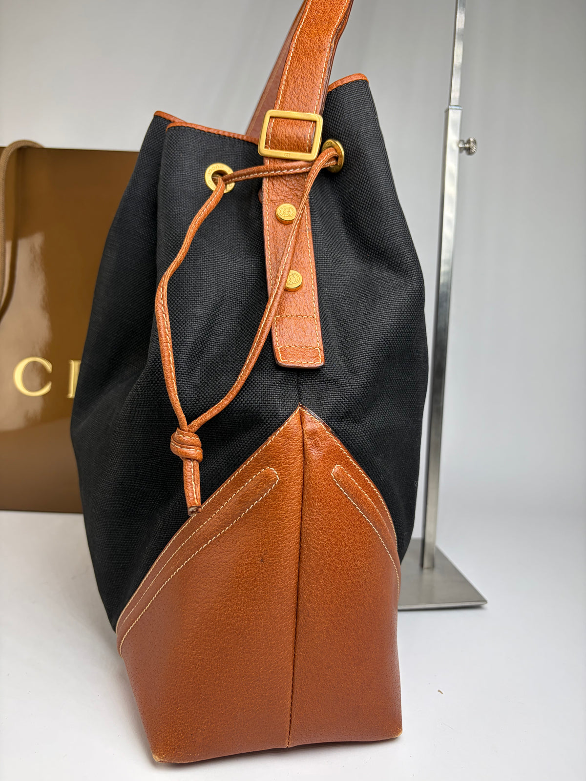 Vintage Gucci Canvas Drawstring Shoulder Bag Late 1990s Black Brown