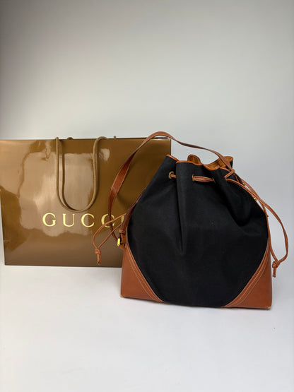 Vintage Gucci Canvas Drawstring Shoulder Bag Late 1990s Black Brown
