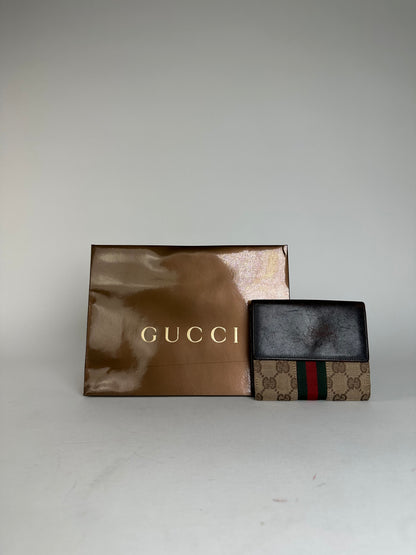 Vintage Gucci Monogram Leather Canvas Wallet Beige Brown