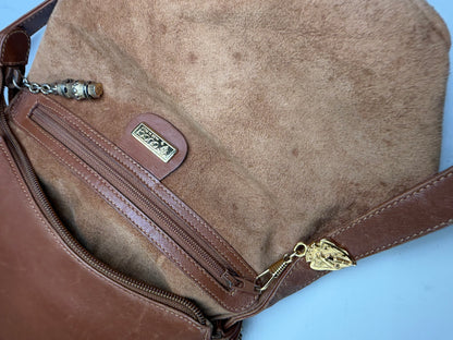Vintage Gucci Smooth Leather Flap Crossbody Bag Brown Gold