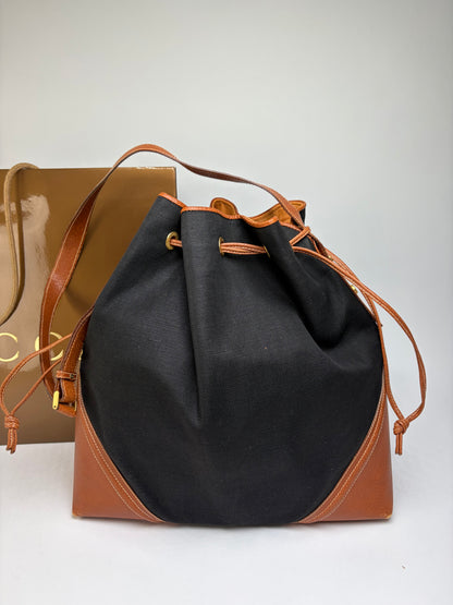 Vintage Gucci Canvas Drawstring Shoulder Bag Late 1990s Black Brown