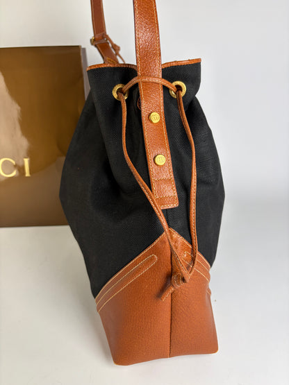 Vintage Gucci Canvas Drawstring Shoulder Bag Late 1990s Black Brown