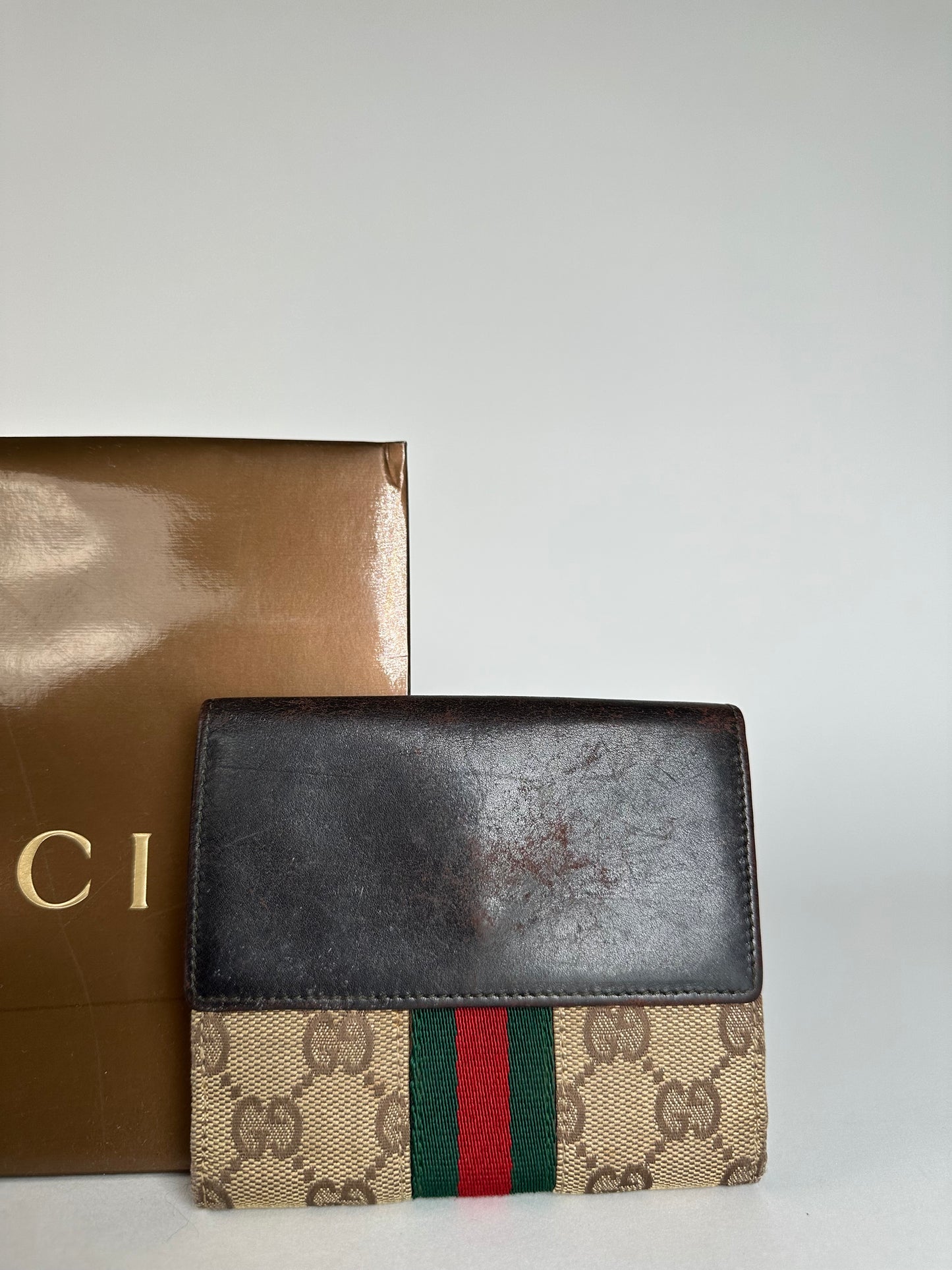 Vintage Gucci Monogram Leather Canvas Wallet Beige Brown