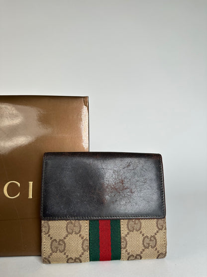 Vintage Gucci Monogram Leather Canvas Wallet Beige Brown