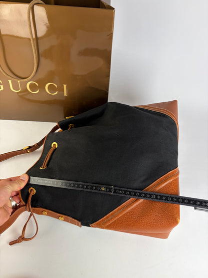 Vintage Gucci Canvas Drawstring Shoulder Bag Late 1990s Black Brown