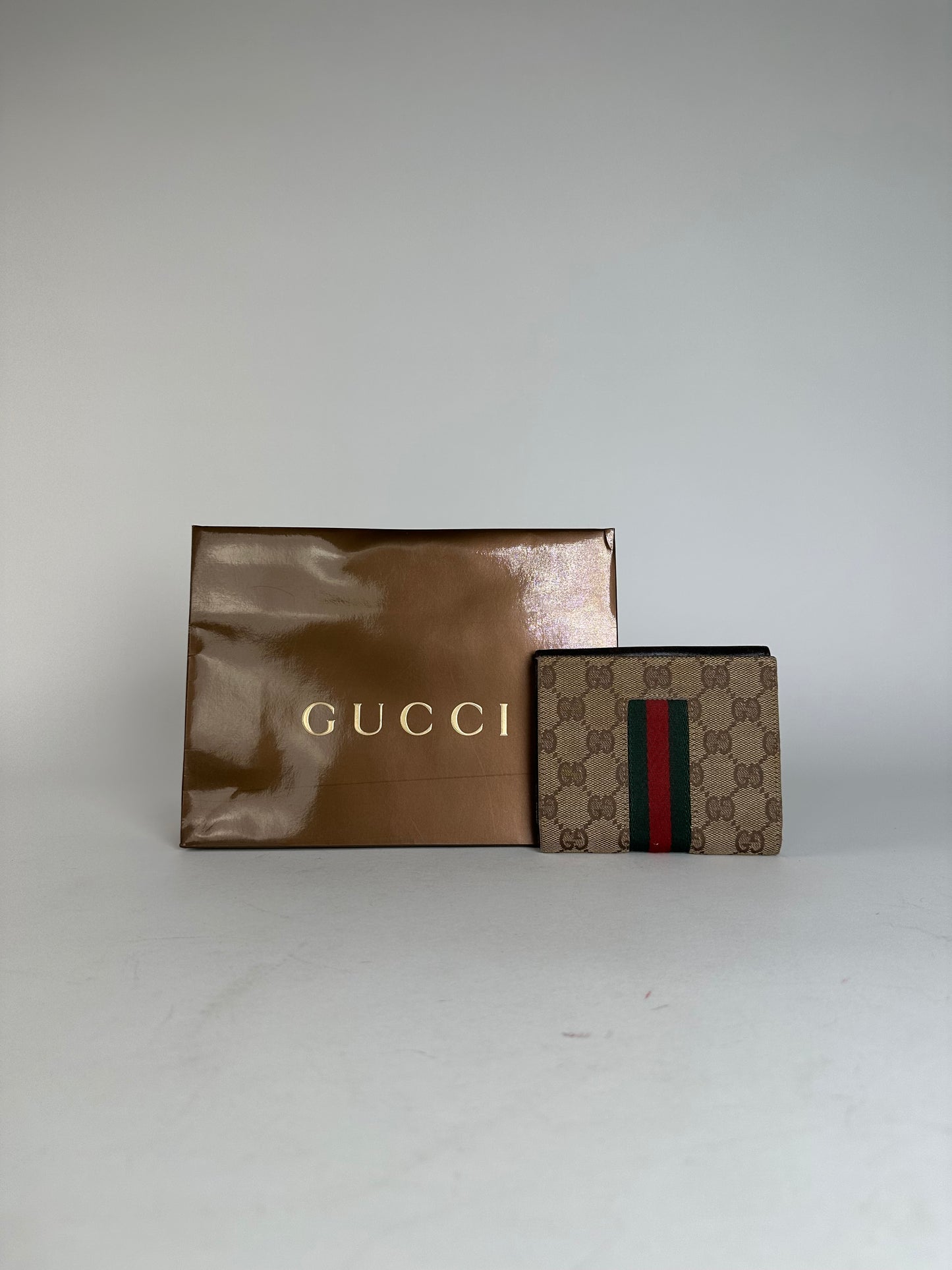 Vintage Gucci Monogram Leather Canvas Wallet Beige Brown