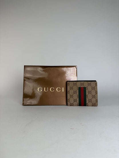 Vintage Gucci Monogram Leather Canvas Wallet Beige Brown