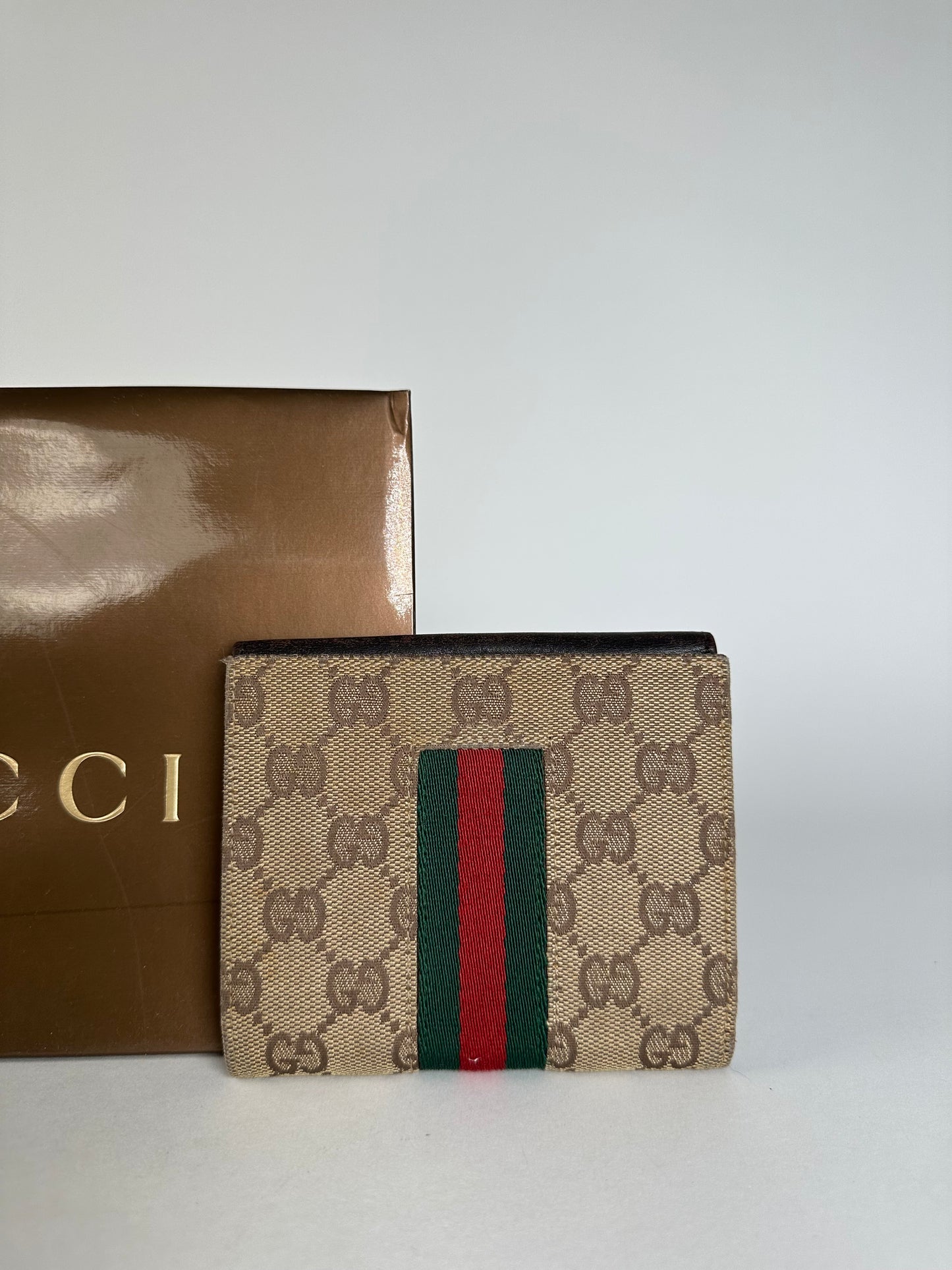 Vintage Gucci Monogram Leather Canvas Wallet Beige Brown