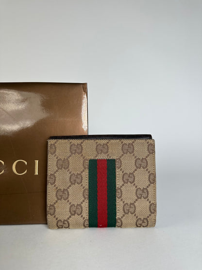 Vintage Gucci Monogram Leather Canvas Wallet Beige Brown