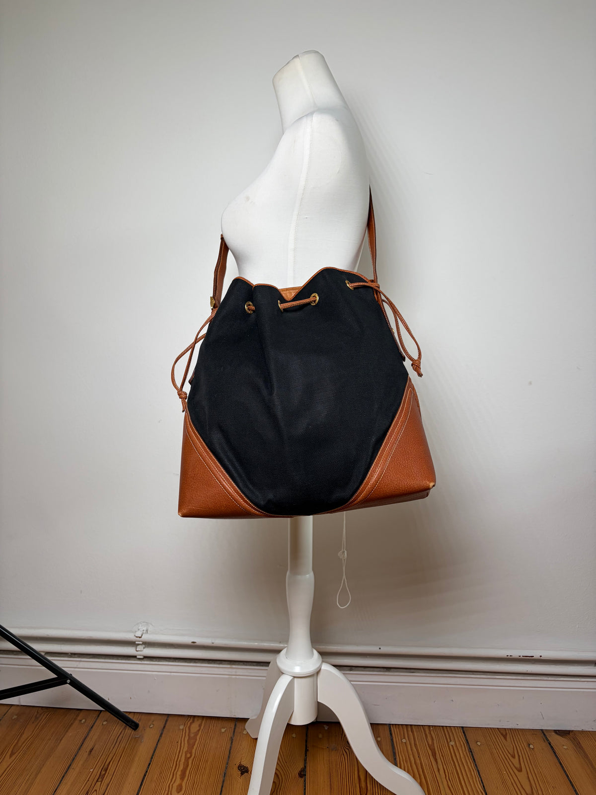 Vintage Gucci Canvas Drawstring Shoulder Bag Late 1990s Black Brown