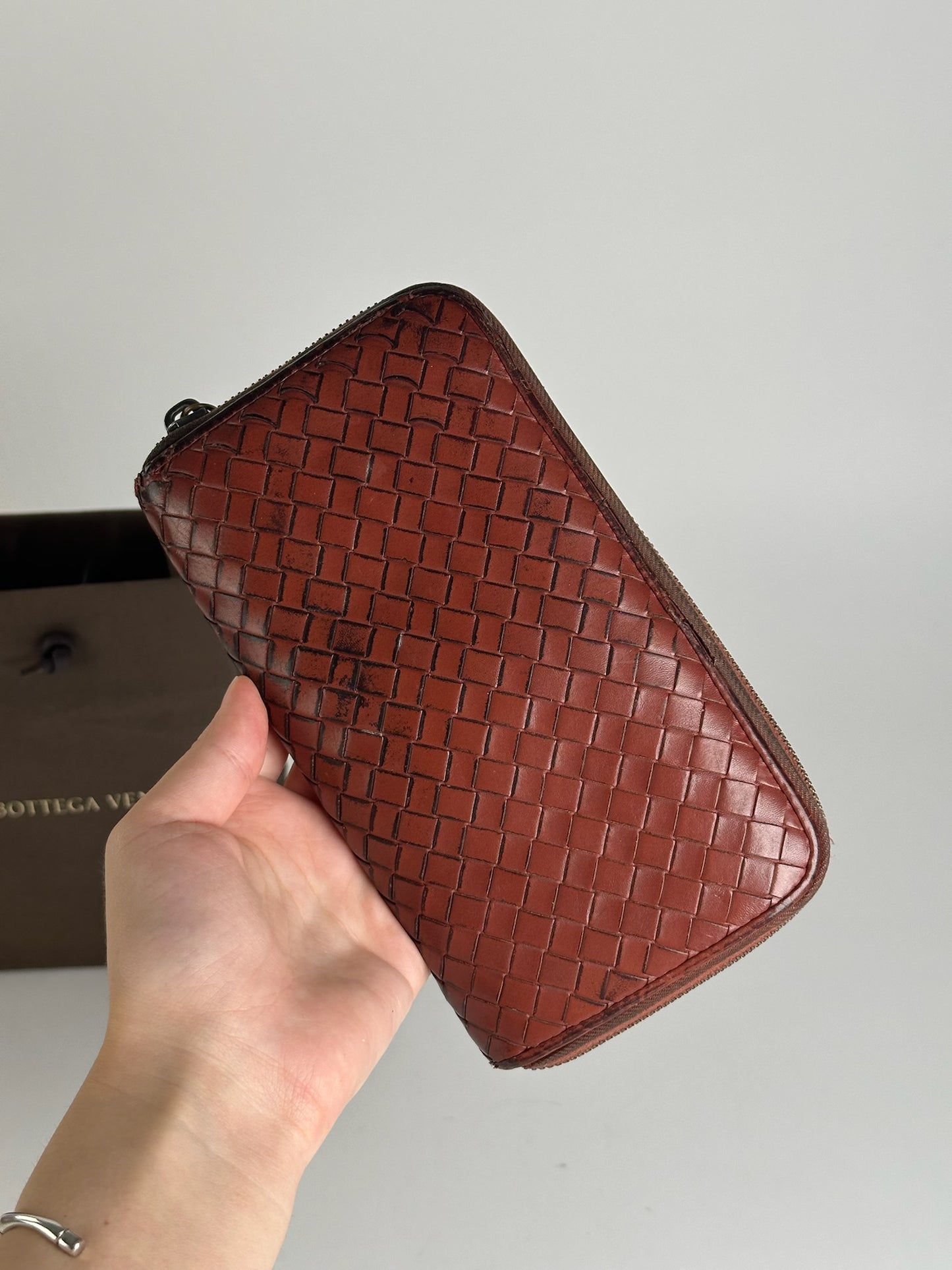 Vintage Bottega veneta Intercciato Leather wallet red Brown