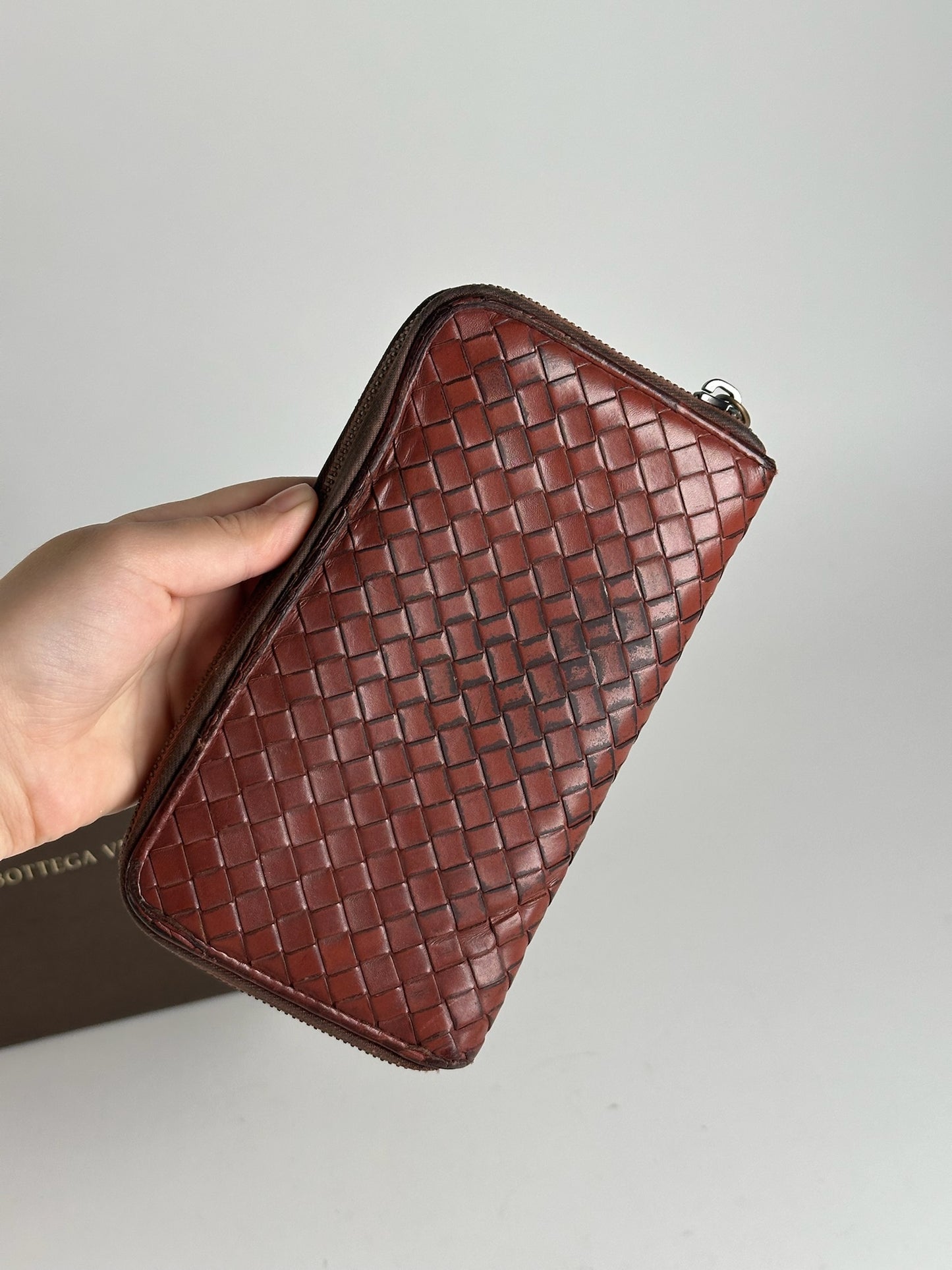 Vintage Bottega veneta Intercciato Leather wallet red Brown