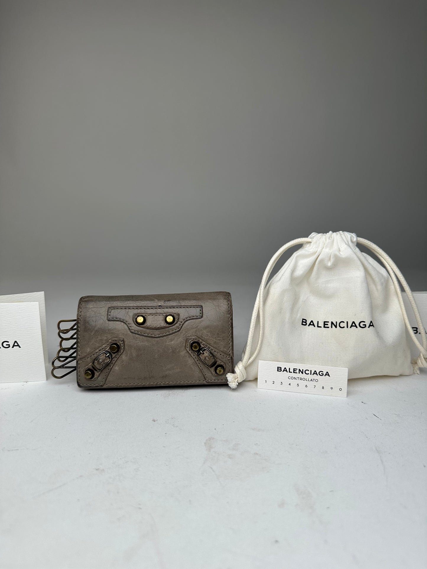 Balenciaga Gray Leather Card Holder with Decorative Hardware