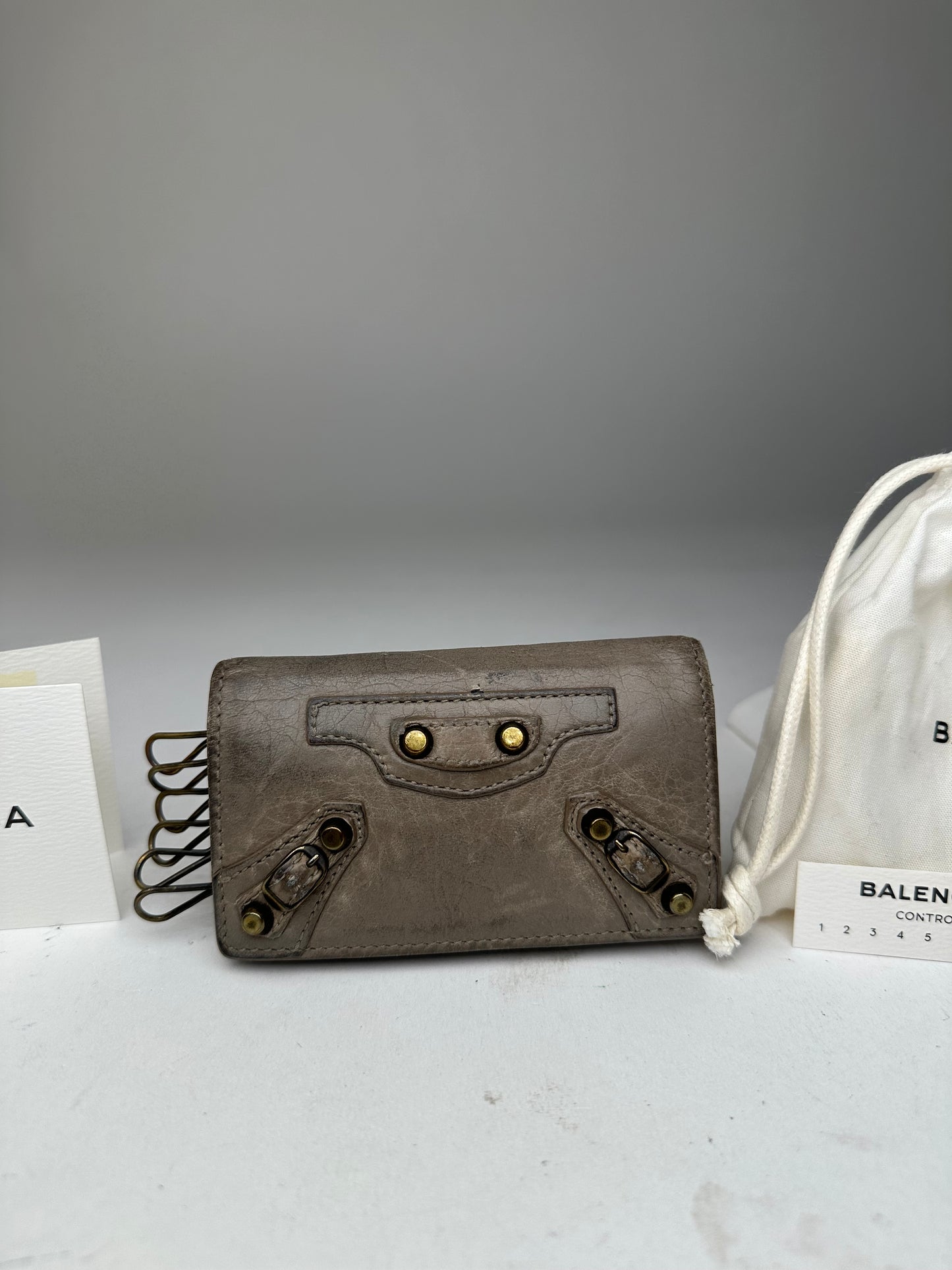 Balenciaga Gray Leather Card Holder with Decorative Hardware