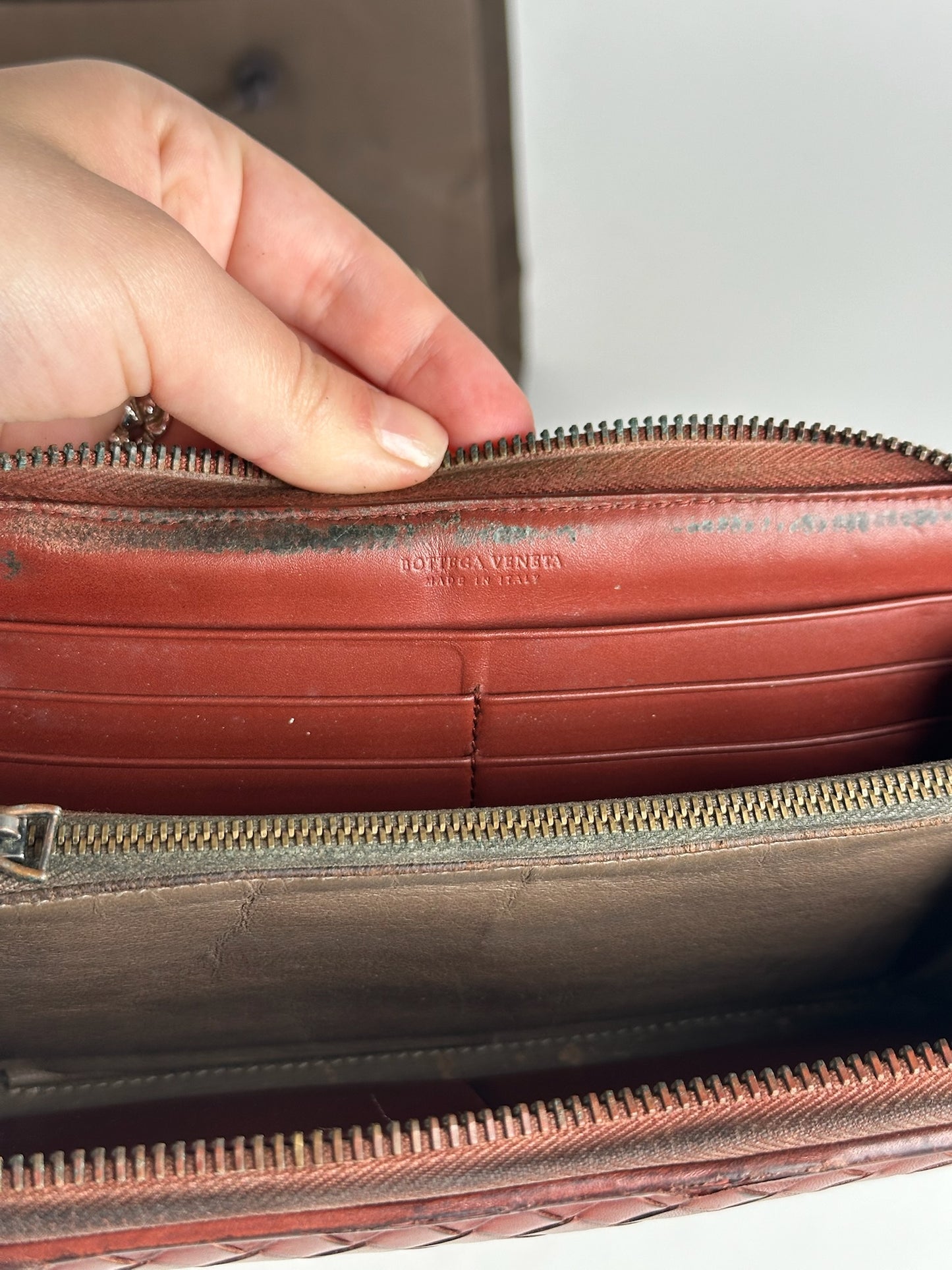 Vintage Bottega veneta Intercciato Leather wallet red Brown