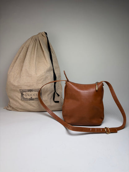 Vintage Gucci Smooth Leather Flap Crossbody Bag Brown Gold