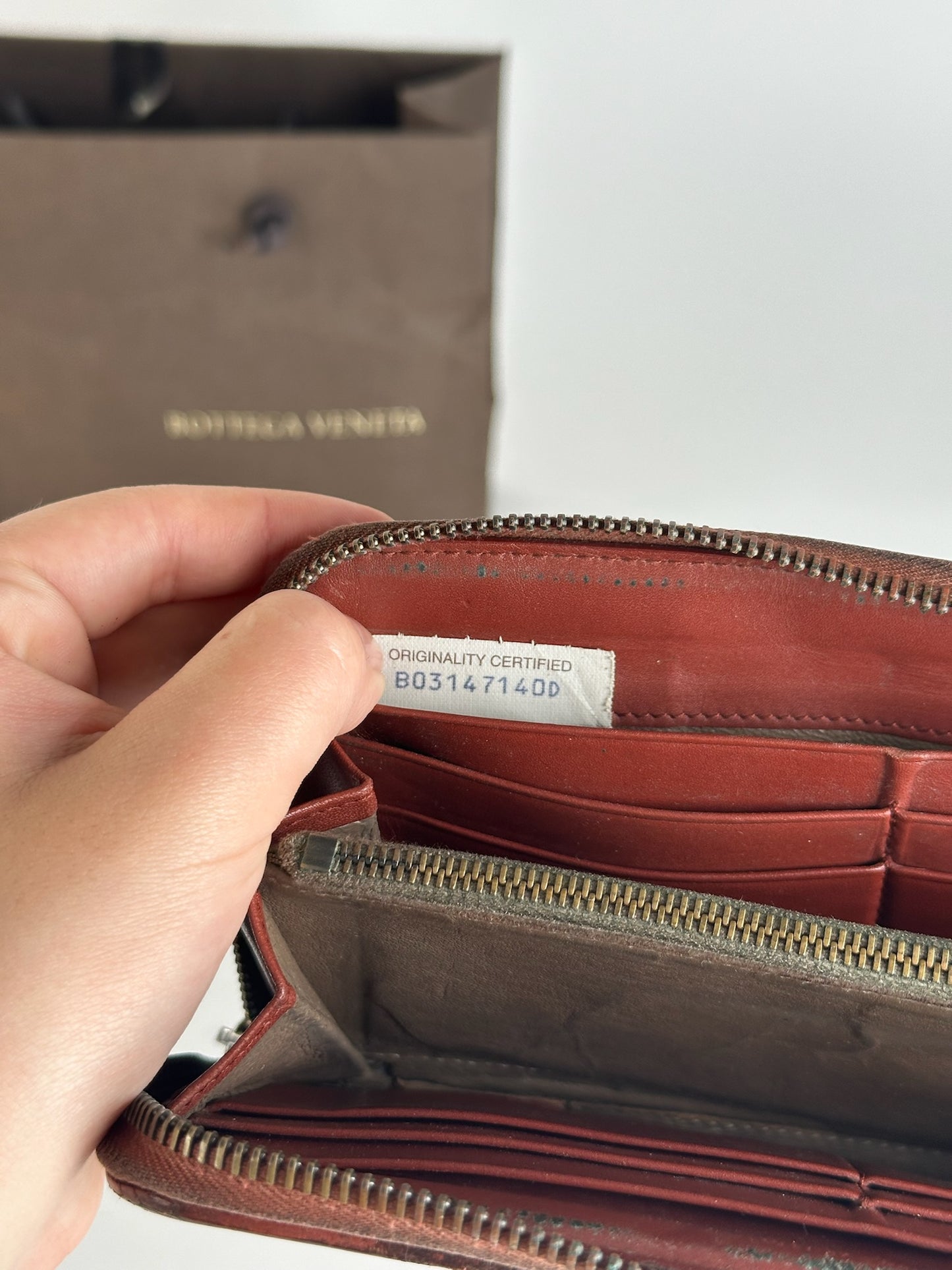 Vintage Bottega veneta Intercciato Leather wallet red Brown