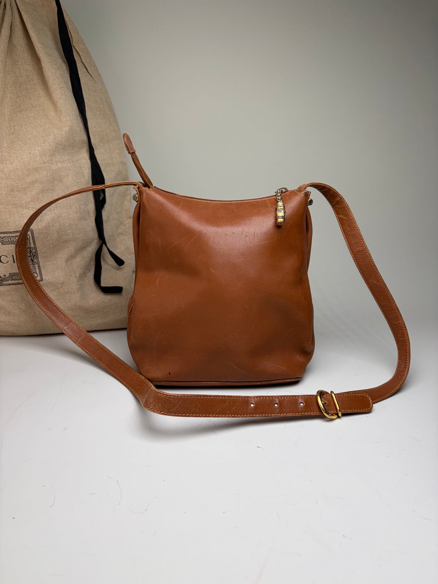 Vintage Gucci Smooth Leather Flap Crossbody Bag Brown Gold