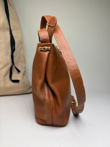 Vintage Gucci Smooth Leather Flap Crossbody Bag Brown Gold