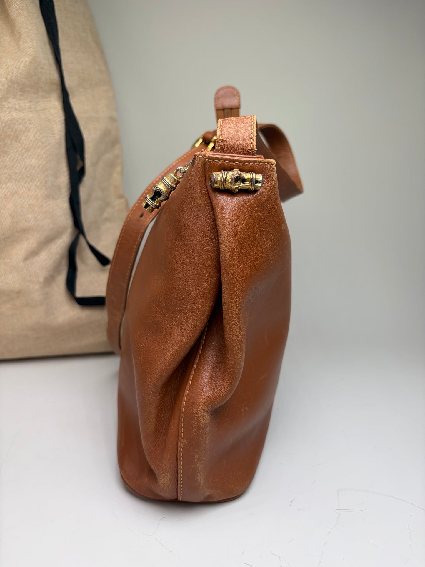 Vintage Gucci Smooth Leather Flap Crossbody Bag Brown Gold