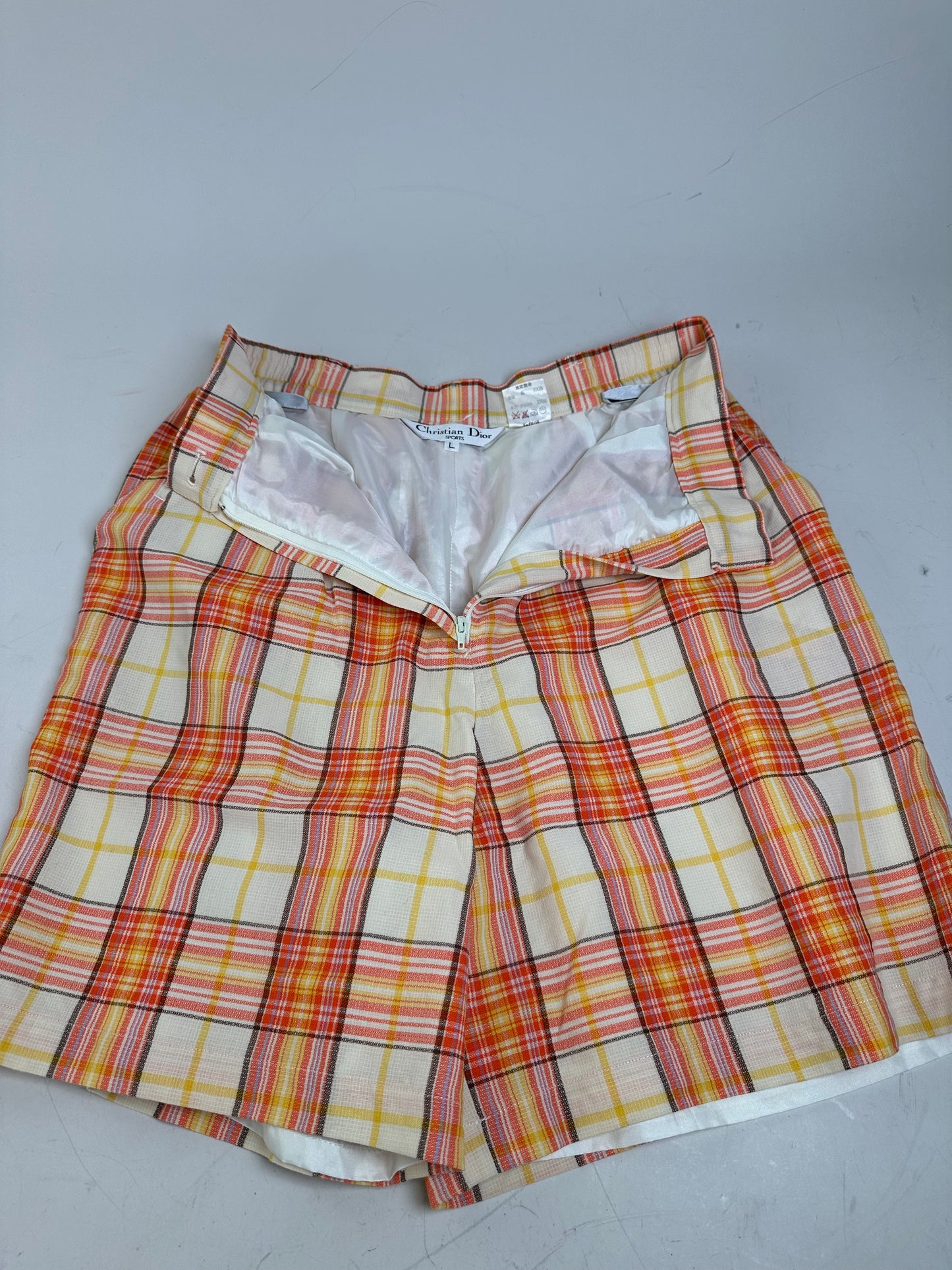 Vintage Dior Plaid Cotton Shorts Yellow Orange Red L