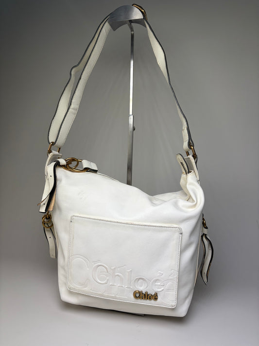 Vintage Chloe Grained Leather Shoulder Bag White Gold