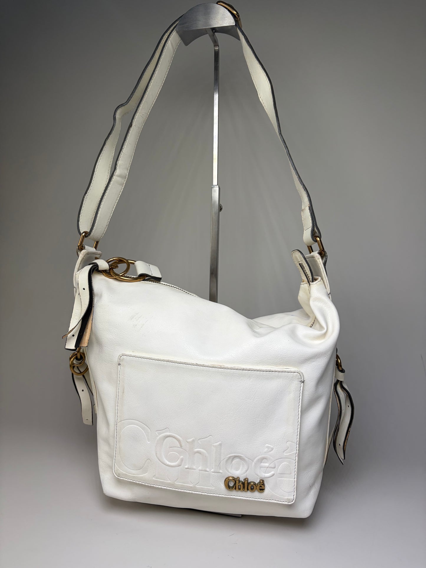 Vintage Chloe Grained Leather Shoulder Bag White Gold