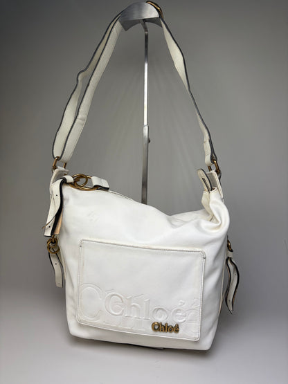 Vintage Chloe Grained Leather Shoulder Bag White Gold