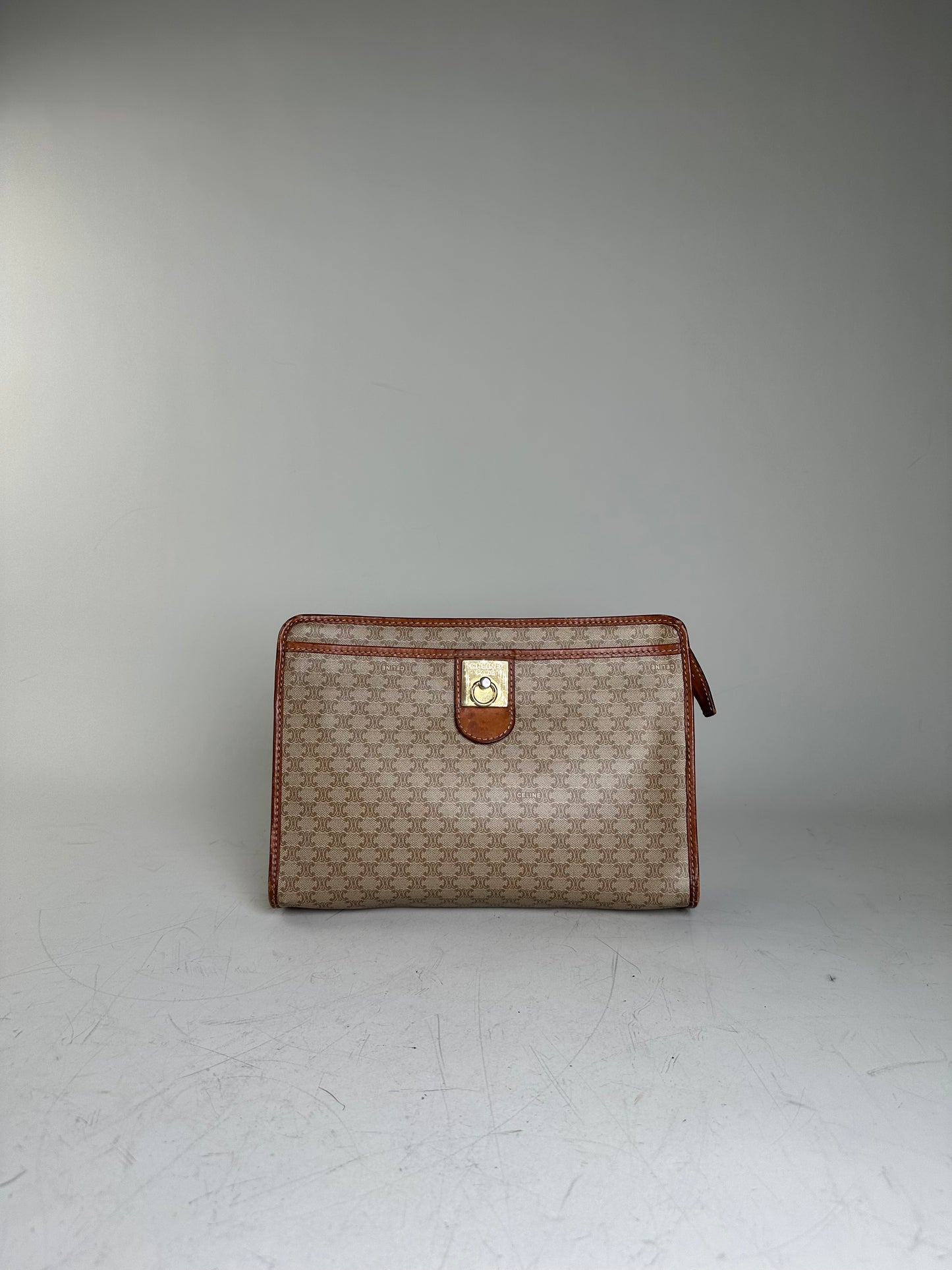 Vintage Celine Monogram Canvas Clutch Beige Tan Gold