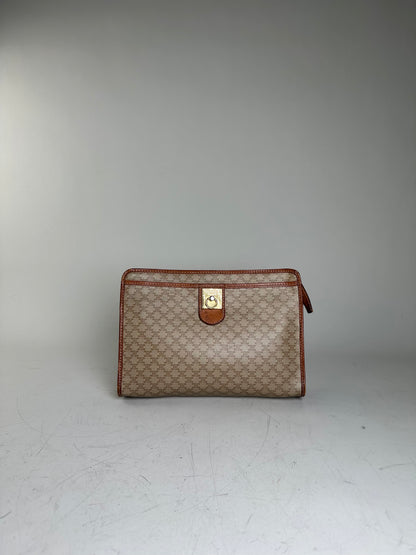 Vintage Celine Monogram Canvas Clutch Beige Tan Gold