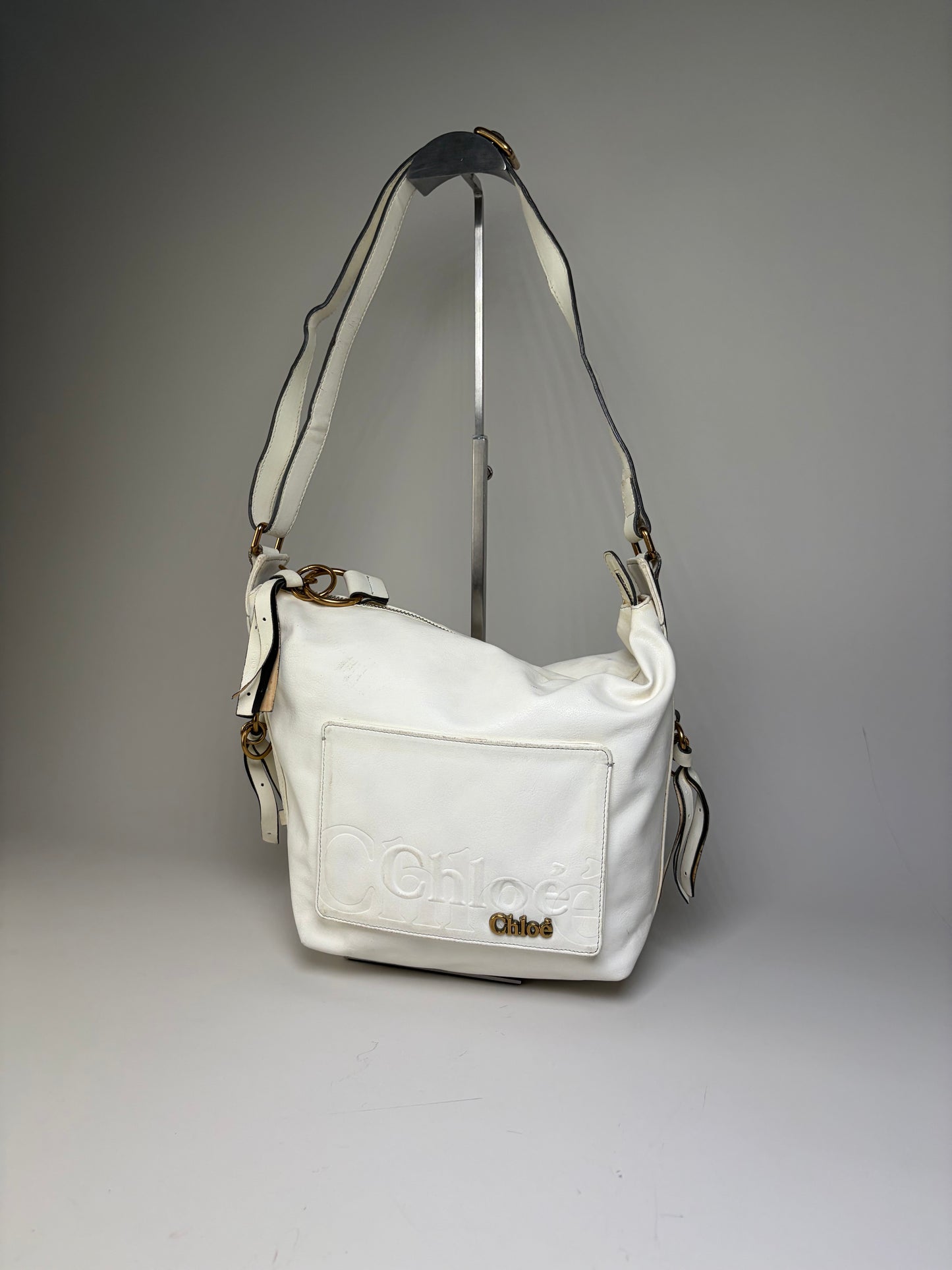 Vintage Chloe Grained Leather Shoulder Bag White Gold