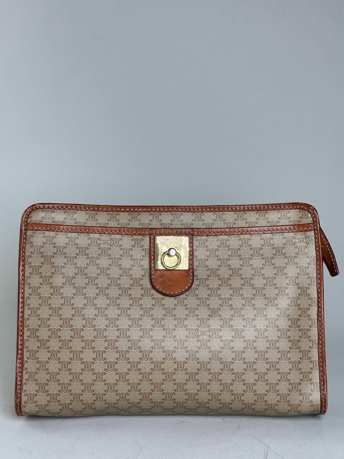 Vintage Celine Monogram Canvas Clutch Beige Tan Gold