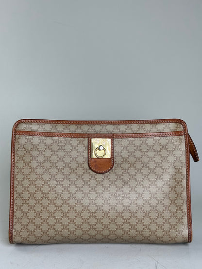 Vintage Celine Monogram Canvas Clutch Beige Tan Gold