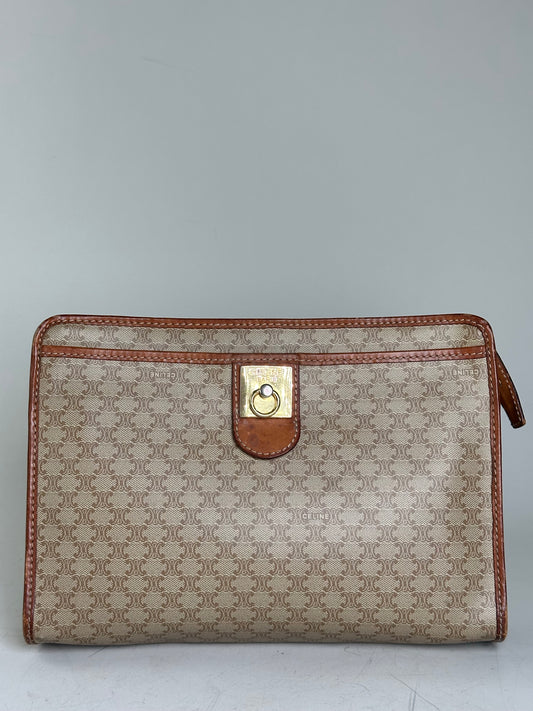 Vintage Celine Monogram Canvas Clutch Beige Tan Gold