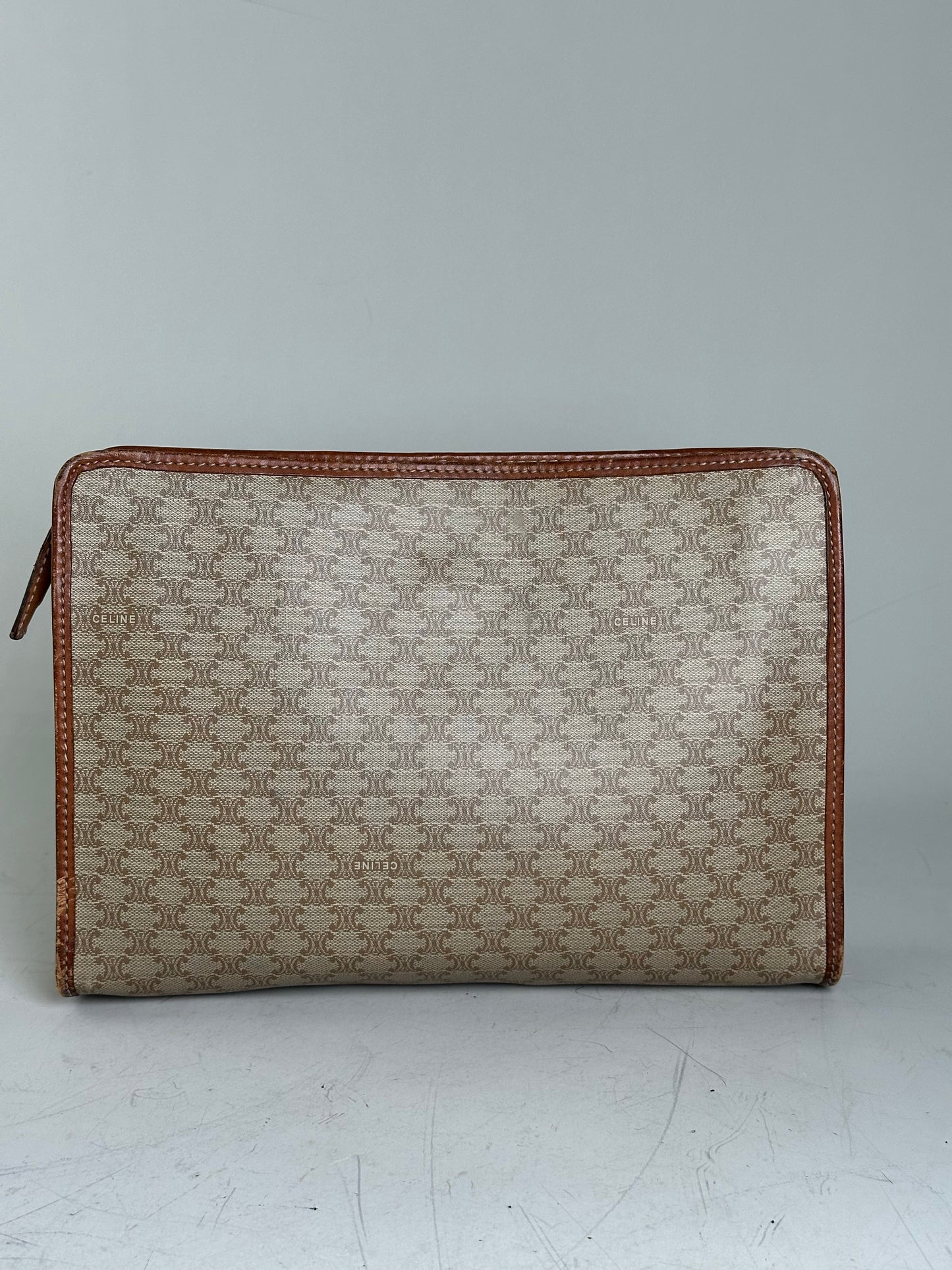 Vintage Celine Monogram Canvas Clutch Beige Tan Gold