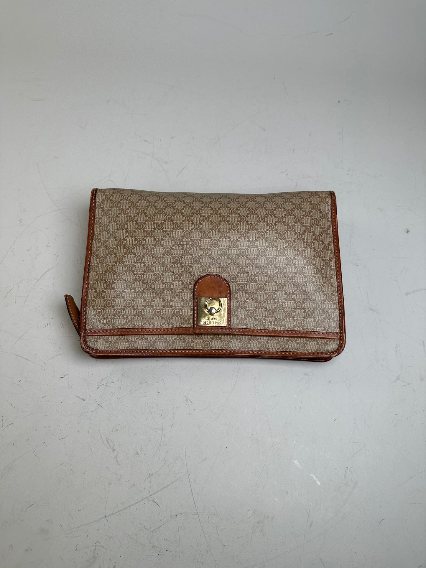 Vintage Celine Monogram Canvas Clutch Beige Tan Gold