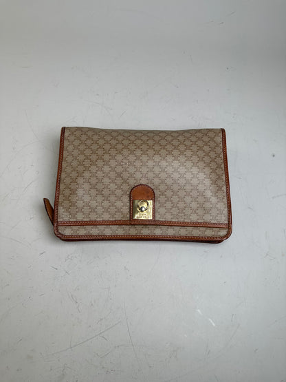 Vintage Celine Monogram Canvas Clutch Beige Tan Gold