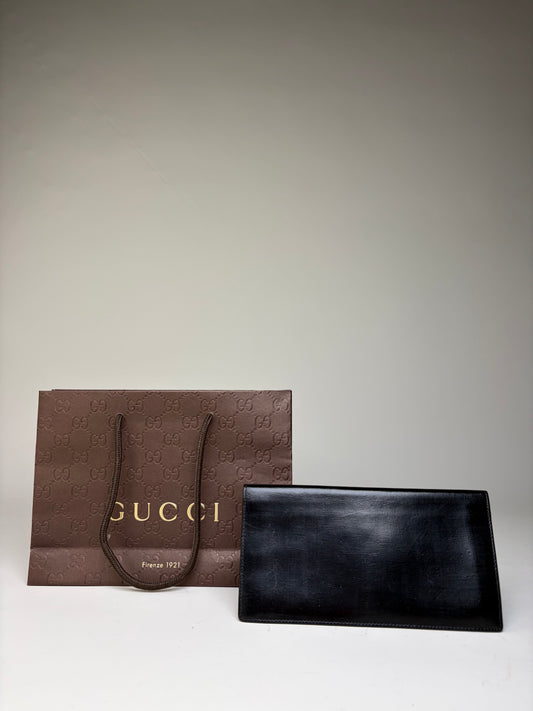 Vintage Gucci Smooth Leather Bifold Wallet Black Gold