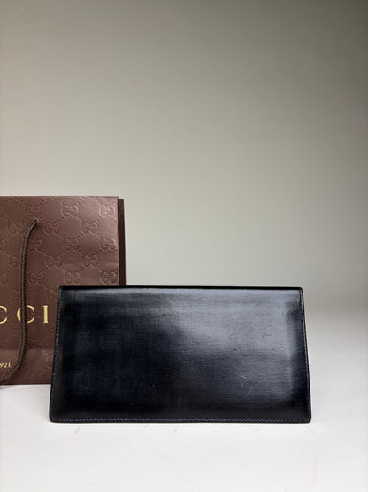 Vintage Gucci Smooth Leather Bifold Wallet Black Gold