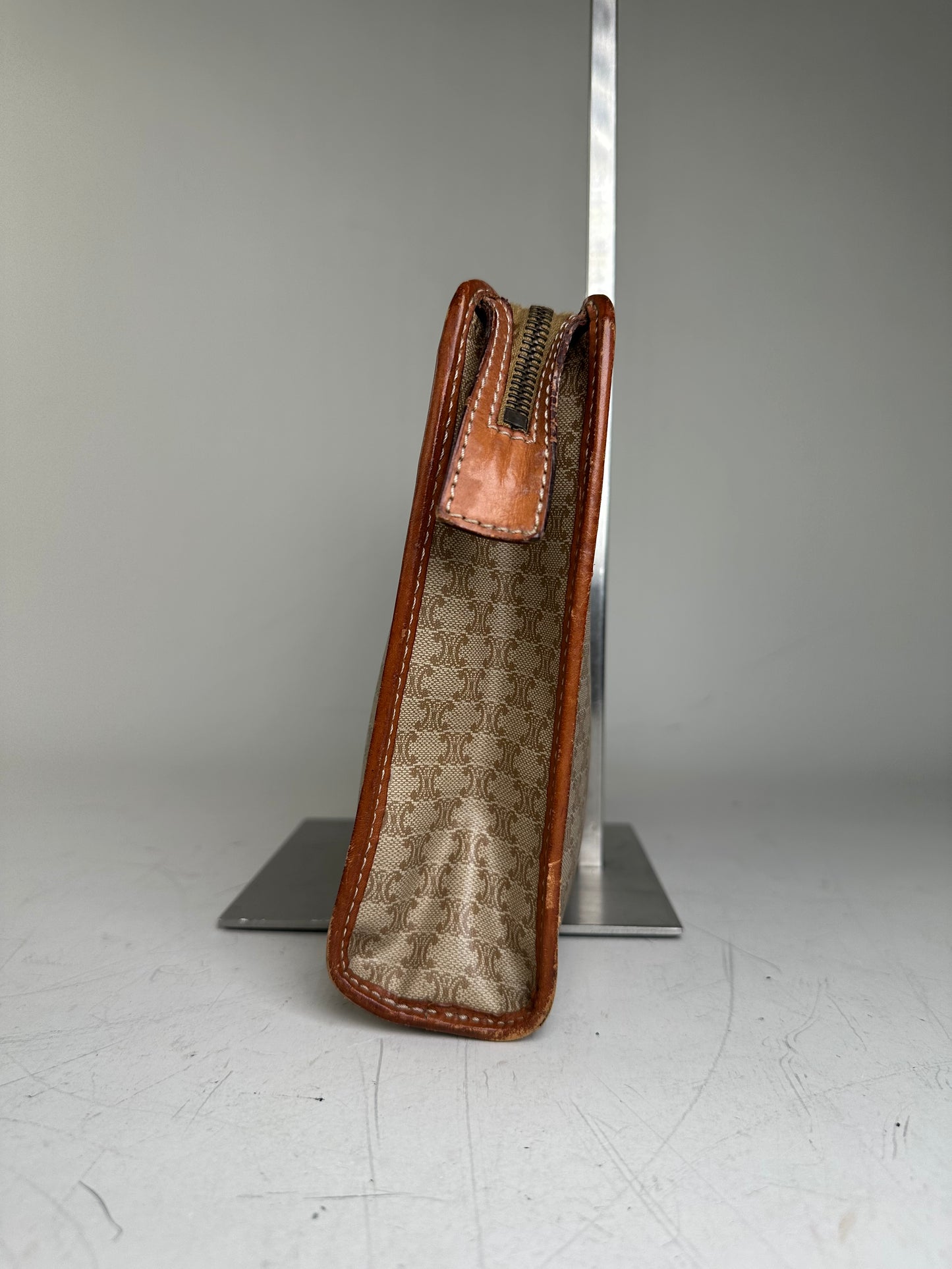 Vintage Celine Monogram Canvas Clutch Beige Tan Gold