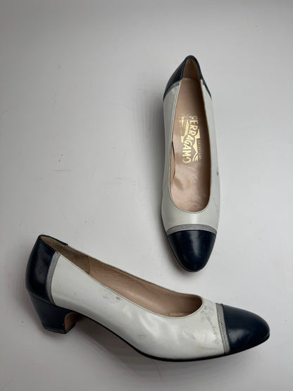 Vintage Salvatore Ferragamo Leather Pumps Navy White