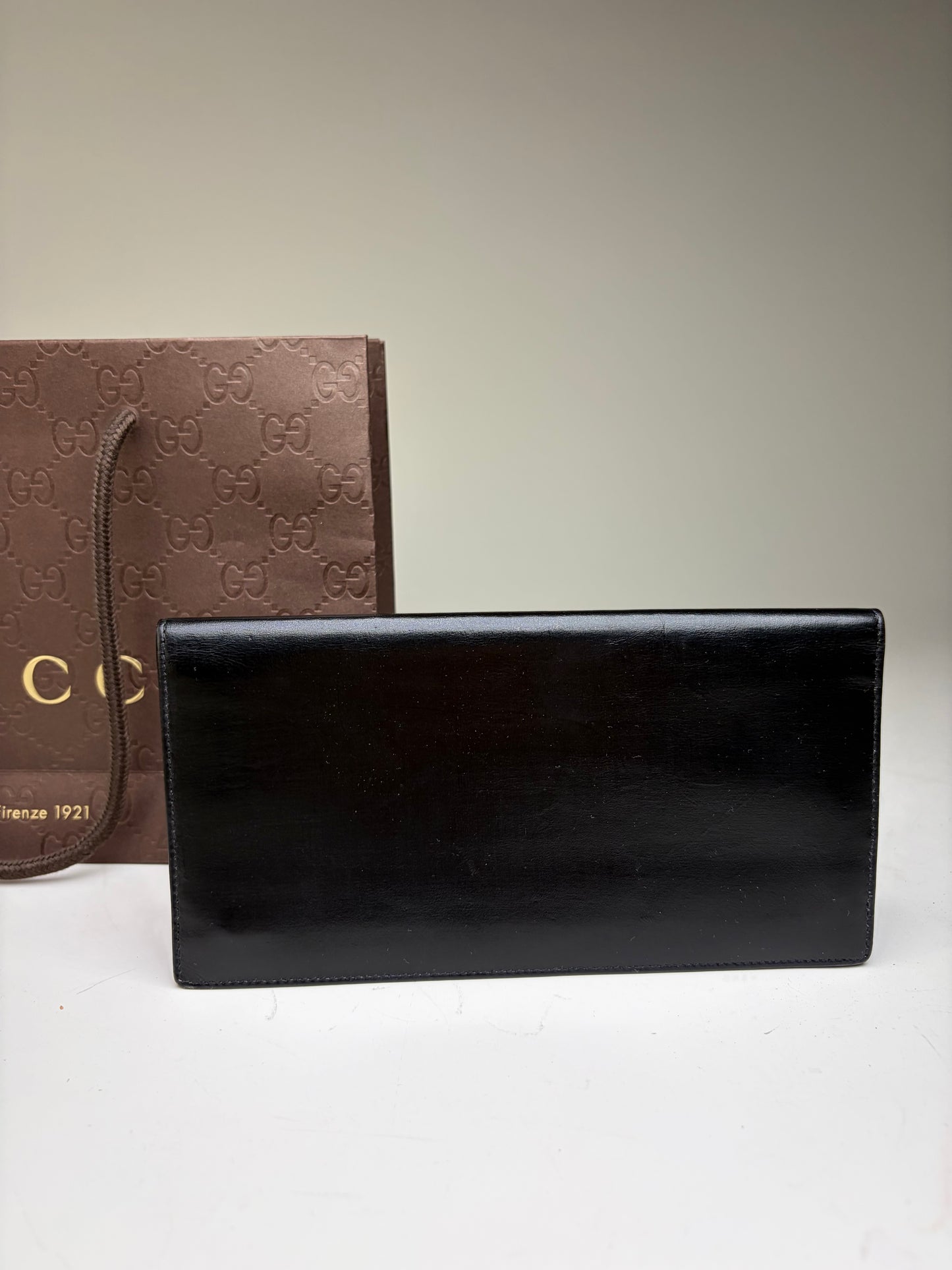 Vintage Gucci Smooth Leather Bifold Wallet Black Gold